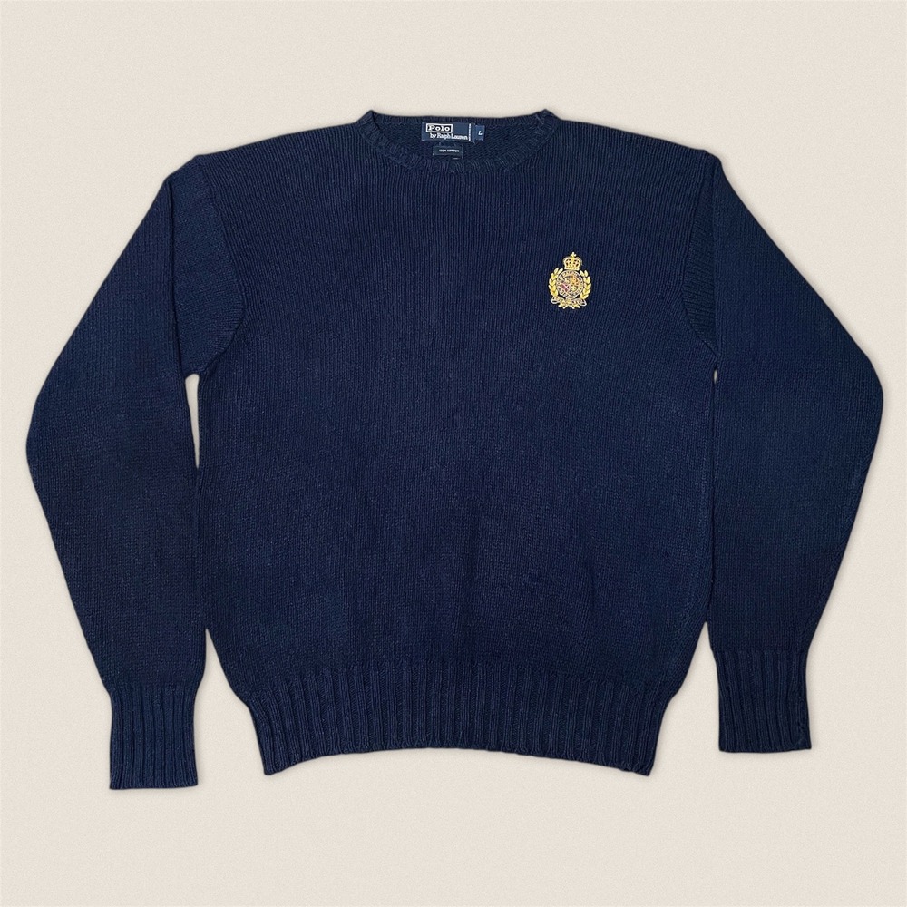 Vintage Polo Ralph Lauren 100% Cotton Sweater Men Large Navy Blue Crest Crewneck